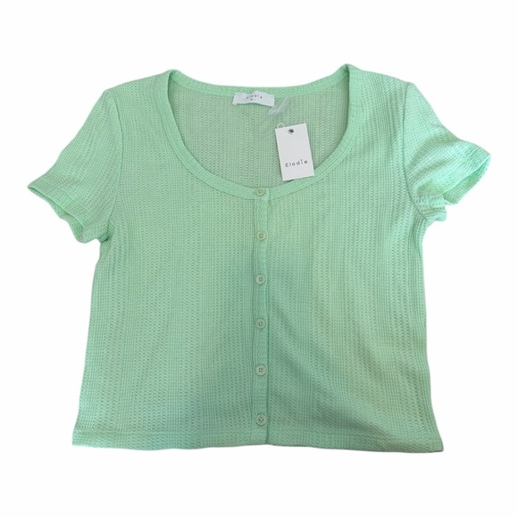 Elodie Lime Green Button Front Knit Short Sleeve Top size Large - Picture 1 of 4
